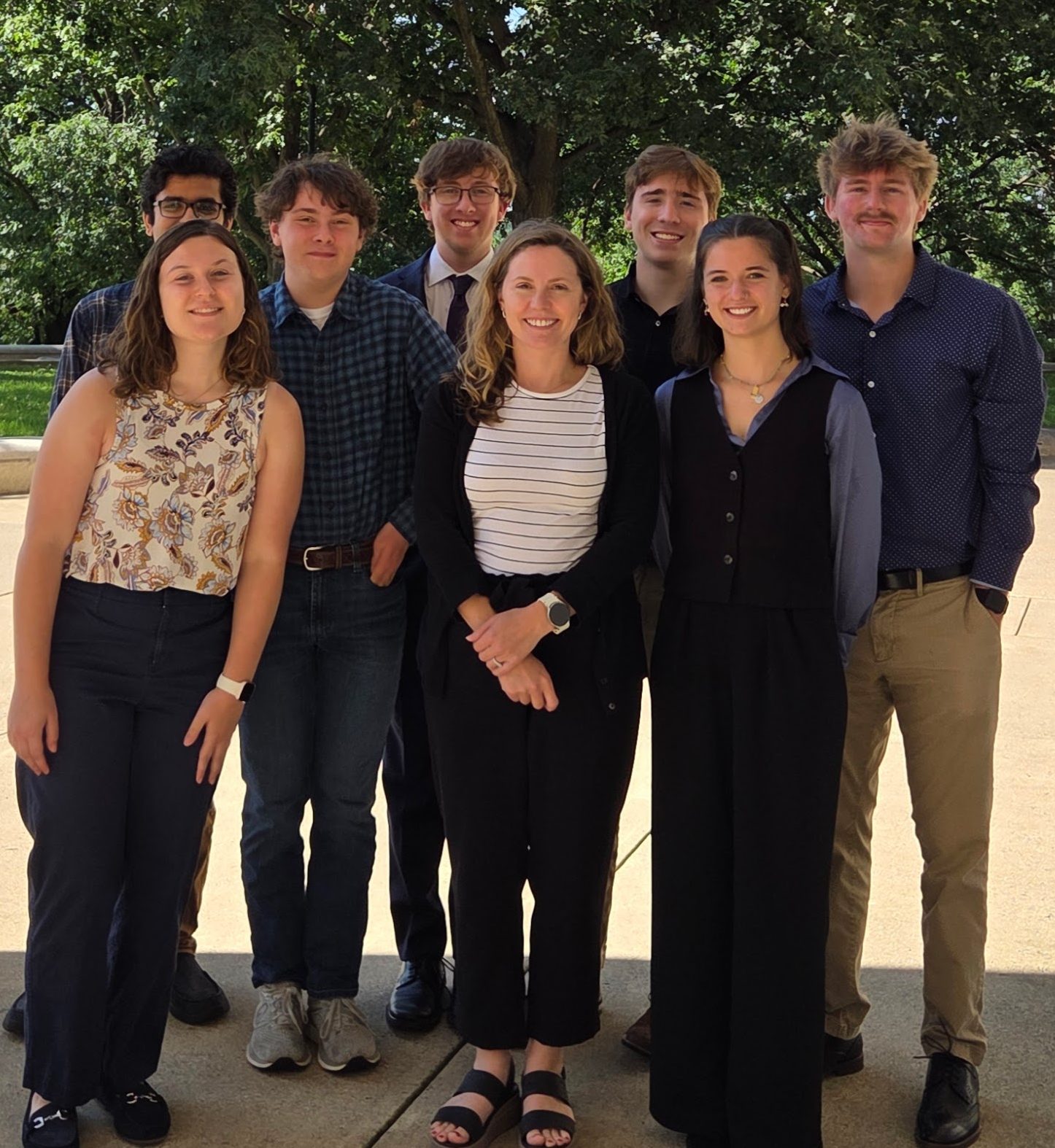 Summer 2025 REU: (L to R) Jaimin Ashra, Emily Euler, Owen Paulson, Allen Shepherd, Dr. Baber, DJ Compton, Kate Weinstock, James Whitted