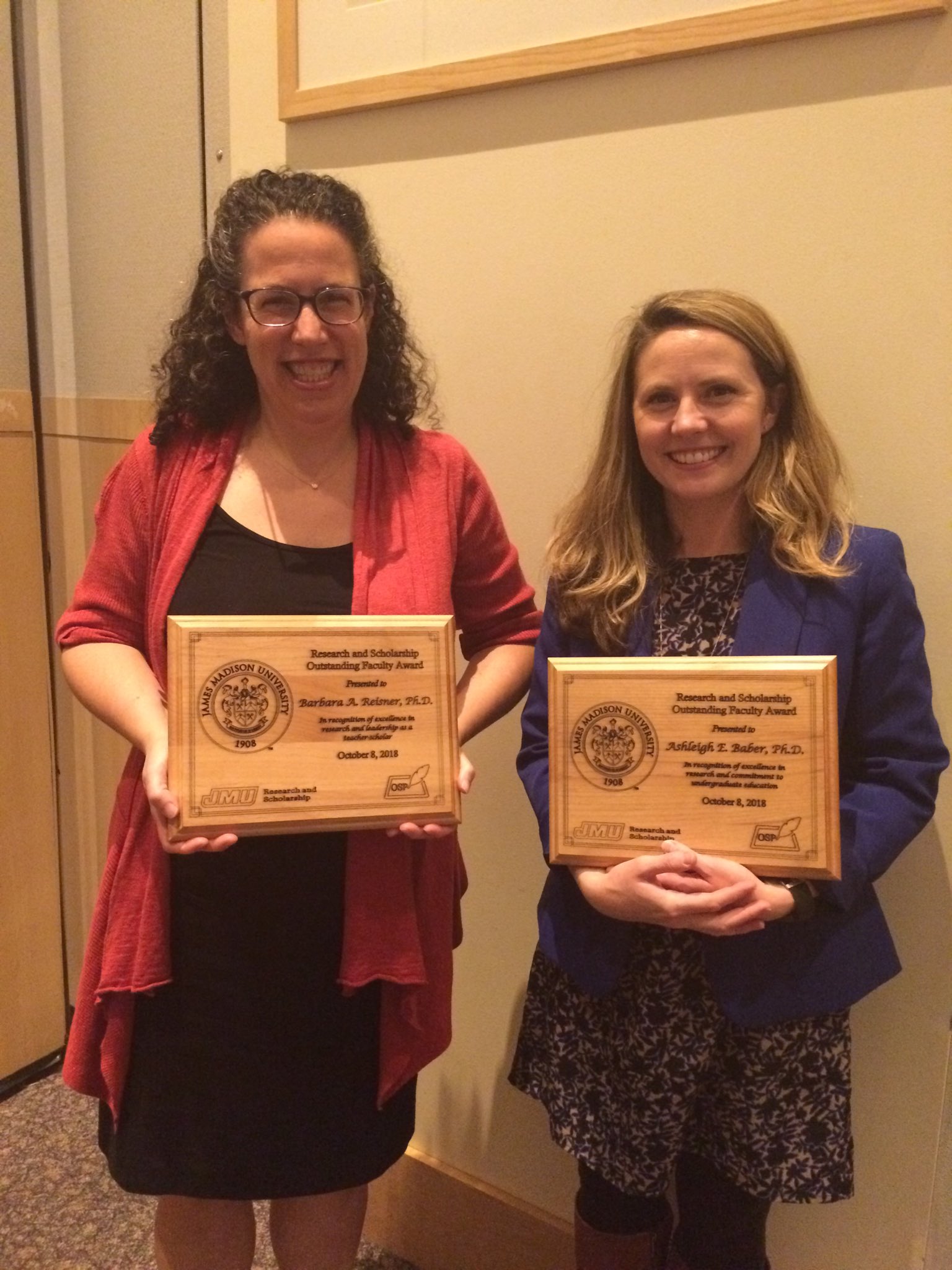 Dr. Baber & Dr. Reisner win JMU Research and Scholarship Outstanding Faculty Awards